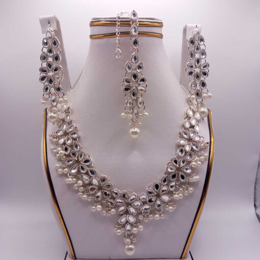 Jewellery Set for Bridals with Necklace, Drop Earrings and Bindiya in Silver Color